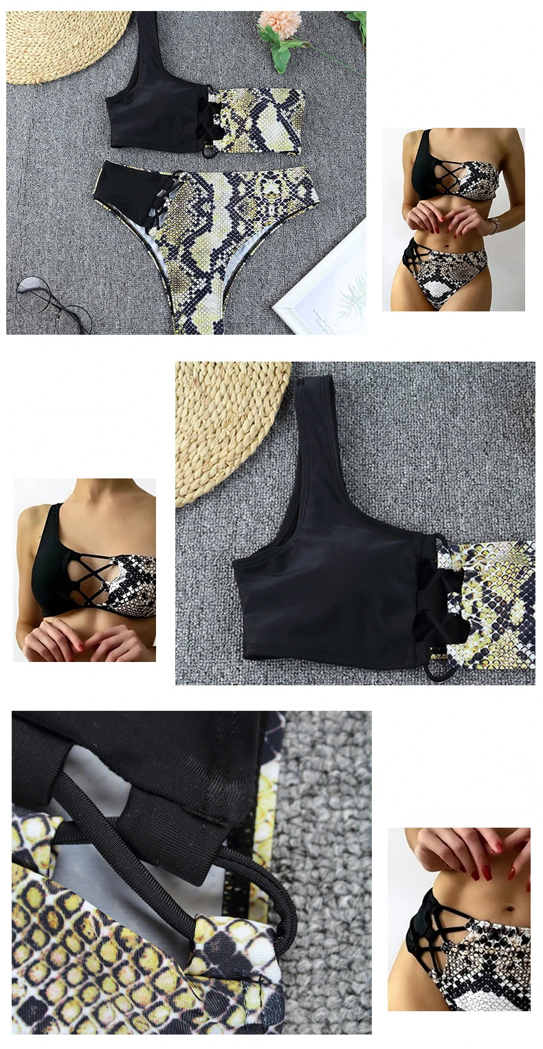 New Bikini Sexy Swimwear Swimsuit Women Single Shoulder Hollow Snakeskin Patchwork Bikinis Set Bathing Suit Banadores Mujer 2024