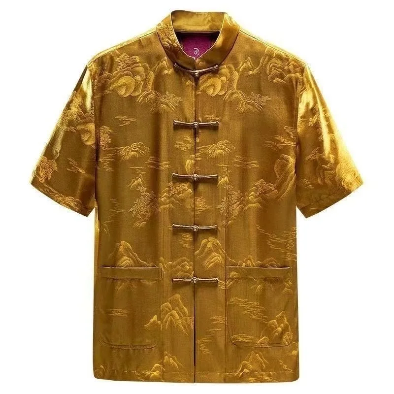 ハイエンドシルクチャイナシャツメンズ夏半袖カジュアル襟中山スーツ最高品質の中国民族服