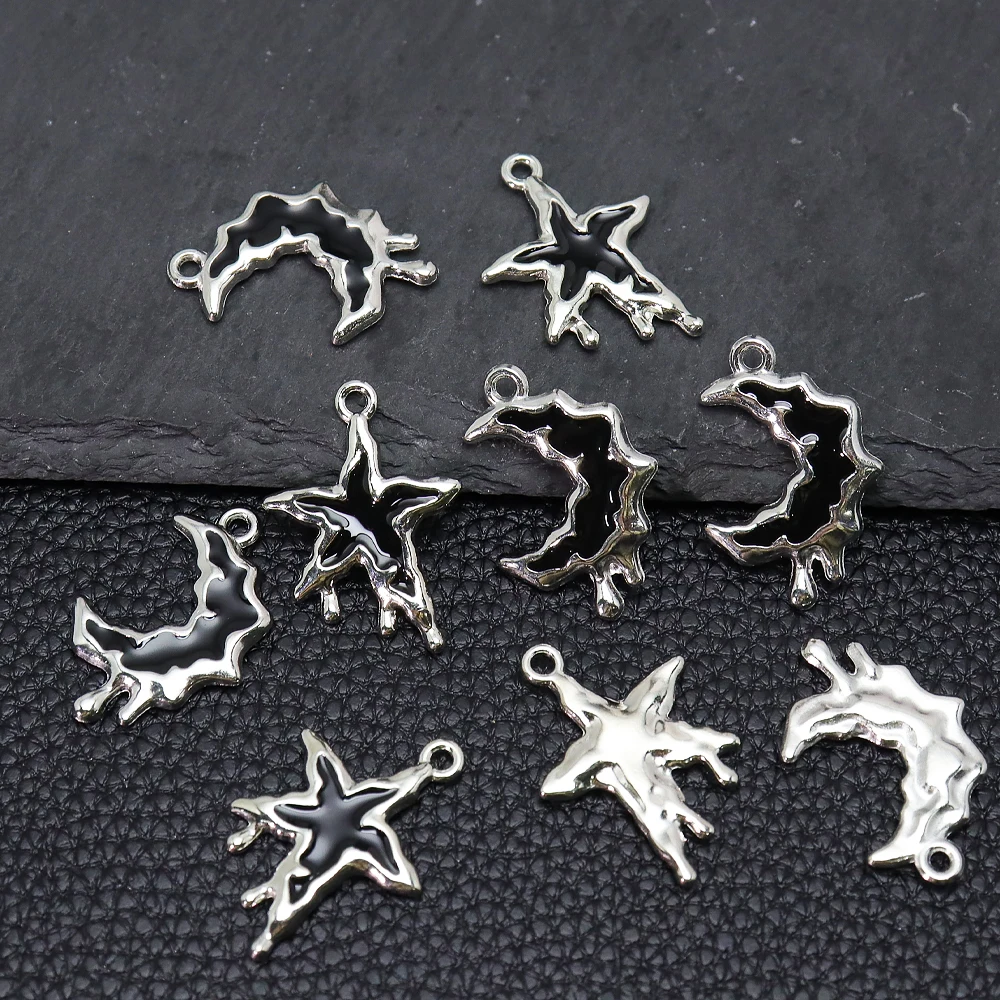 4pcs Vintage Gothic Black Enamel Star Moon Charms, Retro Alloy Drip Star Moon Pendants for DIY Jewelry Making