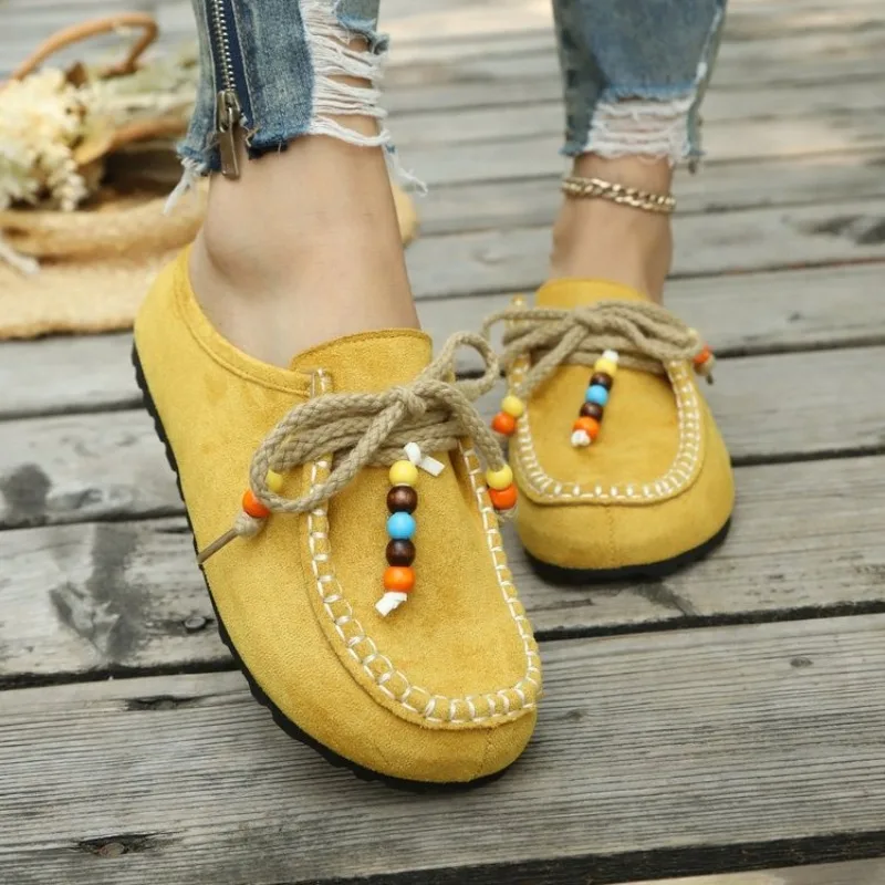 Women 2026 New Slip-On Loafers Soft Bottom Suede Leather Ethnic Style Flats Beaded Lace Up Casual Shoes Fashion Slippers Fashion