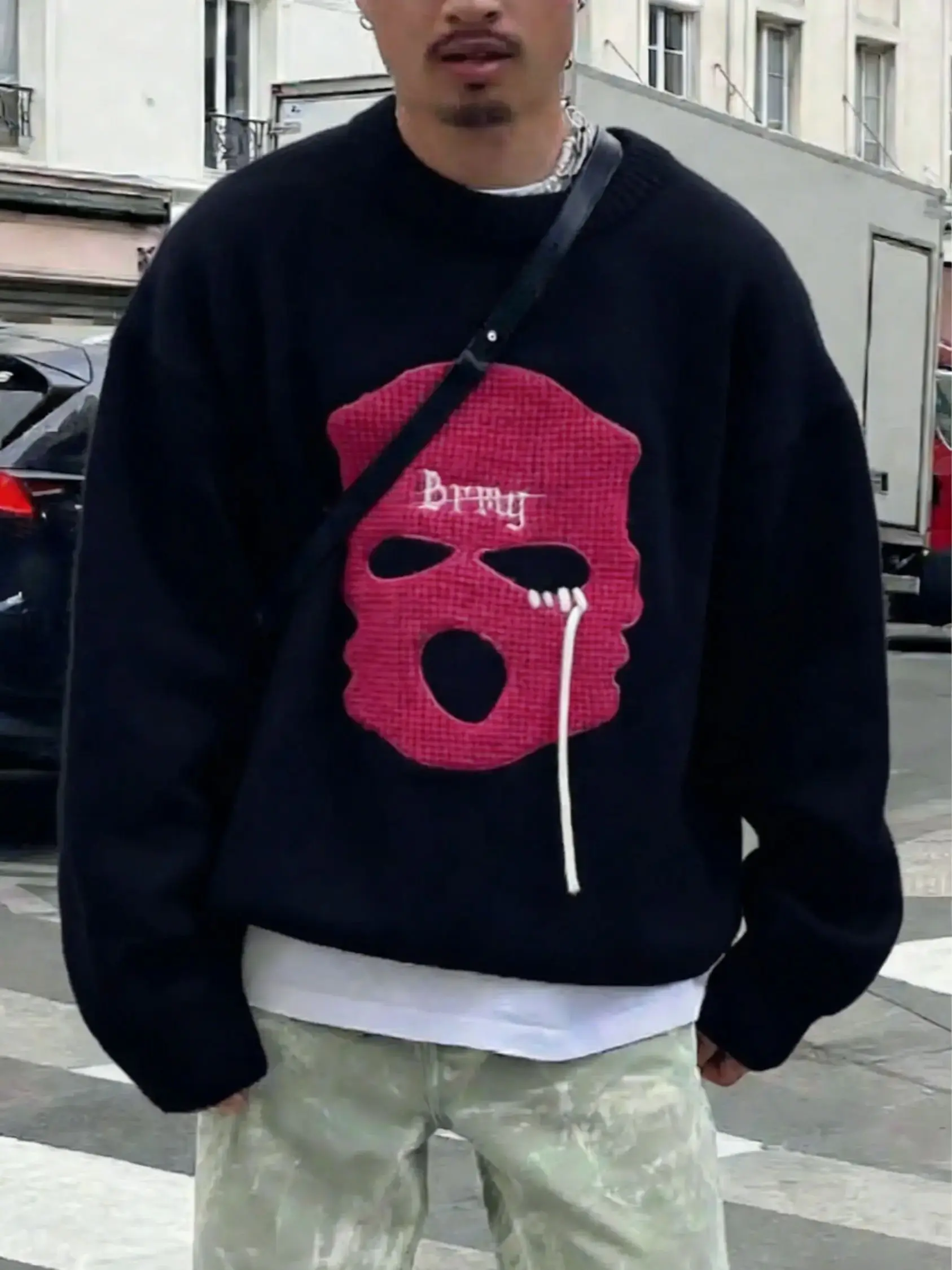 

Spring, Autumn, and Winter Men's and Women's Cute Simple Design Handmade Knitted Hooded Sweater with English Embroidery, Round Neck, Long Sleeves, Casual Loose Pullover Sweater