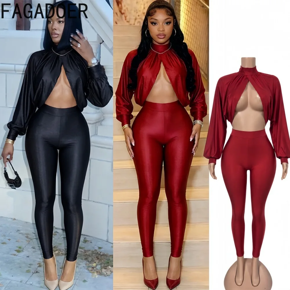 FAGADOER Women 2 Piece Set High Neck Draped Crop Top Long Sleeve Cutout Leggings Outfit Elegant Sexy Party Clubwear Fashion