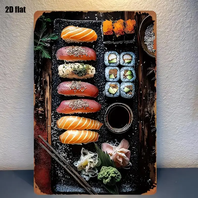 2D Flat Sushi Platter Metal Tin Wall Art - Colorful Sushi Design, Iron, Artistic Decor for Kitchen, Restaurant, Japanese Home