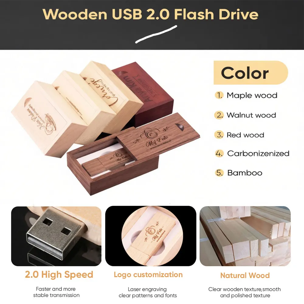 JASTER Free Custom Logo Photography Wooden with Box USB 2.0 Flash Drives64GB 32GB 16GB 8GB 4GB Memory Stick Business Gift U Disk