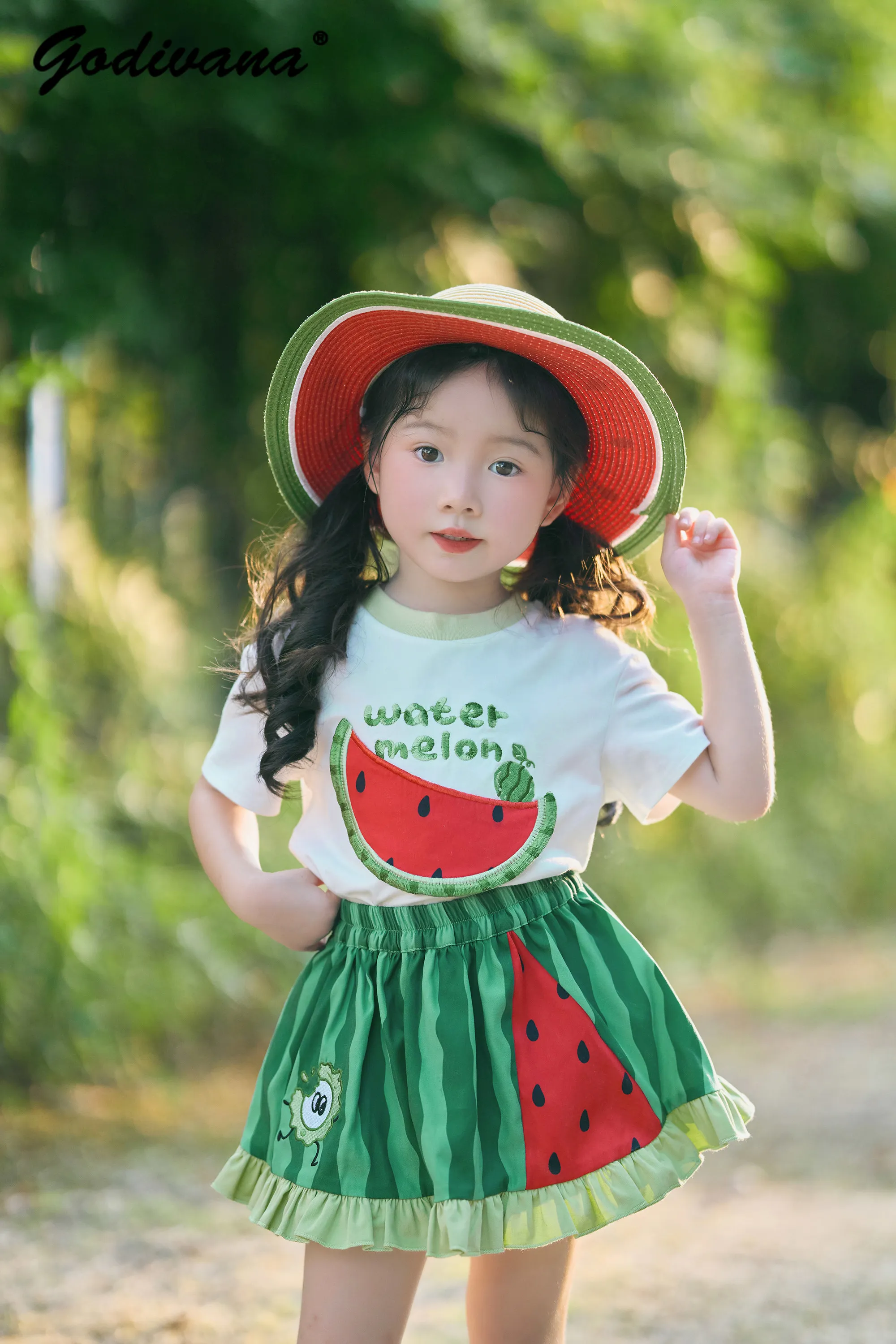 Original 2026 New Summer Sweet Baby Girls Cute Cartoon Watermelon Embroidery Lolita T-shirt Skirt Pants Kids Thin Soft 2pcs Set