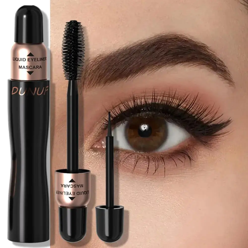 DUNUF Kit de delineador de ojos y máscara doble, sin manchas, alarga el volumen de rizo, resistente al agua, juego de maquillaje de ojos negro