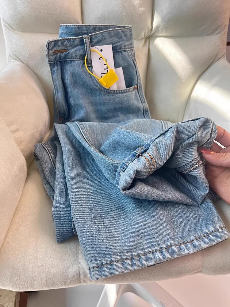 Rits Hoge Taille Losse Denim Broek Volledige Lengte Gewassen Distressed Basics Jeans Wijde Pijpen Broek Dames Rechte Jean