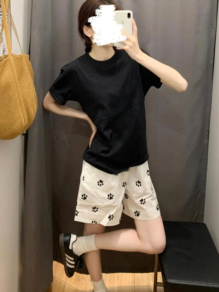 Niedlicher Hund mit Fußabdruck, lässig, für Damen, hohe Taille, weites Bein, Sport, Outdoor, Zuhause, Fünfviertel-Länge, Sommer, neue Sle