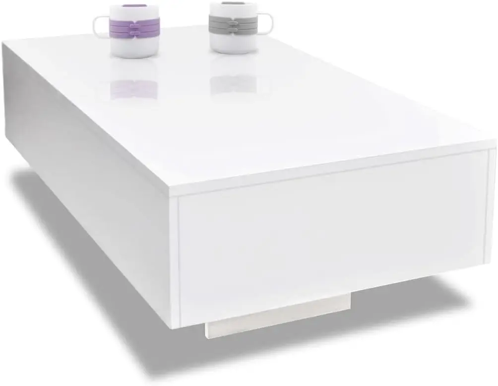 Modern Coffee Table In High Gloss White - Rectangular Table For Living Room, Easy To Clean Mdf, 33.5"" X 21.7"" X 12.2""