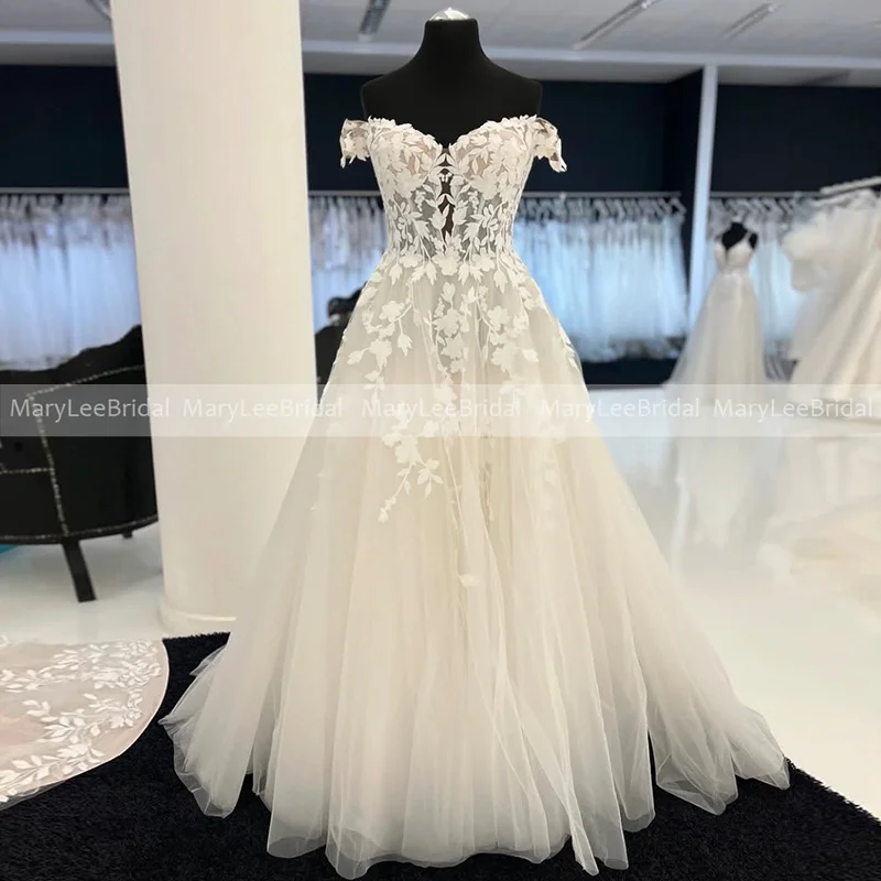 

Кружевное свадебное платье с цветочным принтом, женское свадебное платье с открытыми плечами и лифом в стиле бохо, мягкое тюлевое свадебное платье трапециевидной формы по индивидуальному заказу