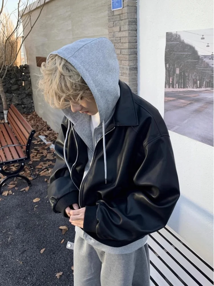 

Мужская осенне-зимняя куртка из искусственной кожи с капюшоном, имитация двухслойности, модная повседневная свободная куртка для пар