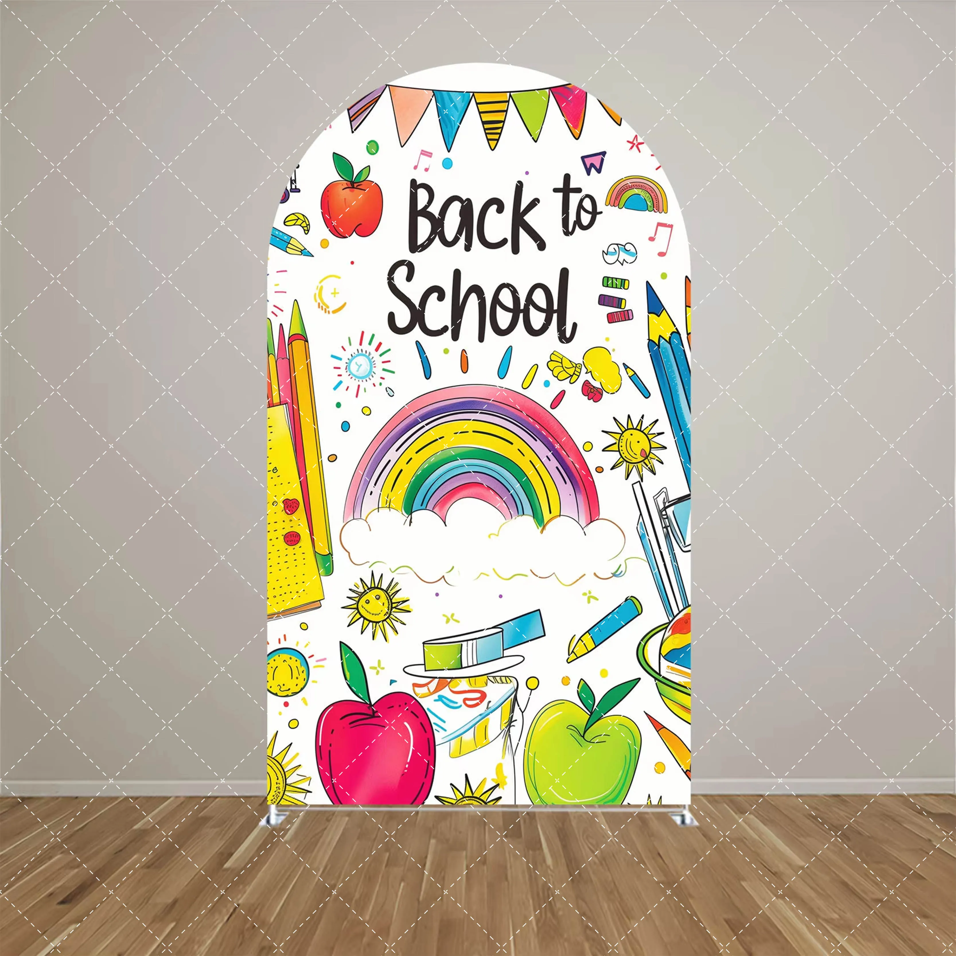 Mehofond العودة إلى المدرسة موضوع قوس خلفية غطاء طالب الطفل حفلات عيد ميلاد قلم رصاص قوس قزح التفاح ديكور خلفية على الوجهين
