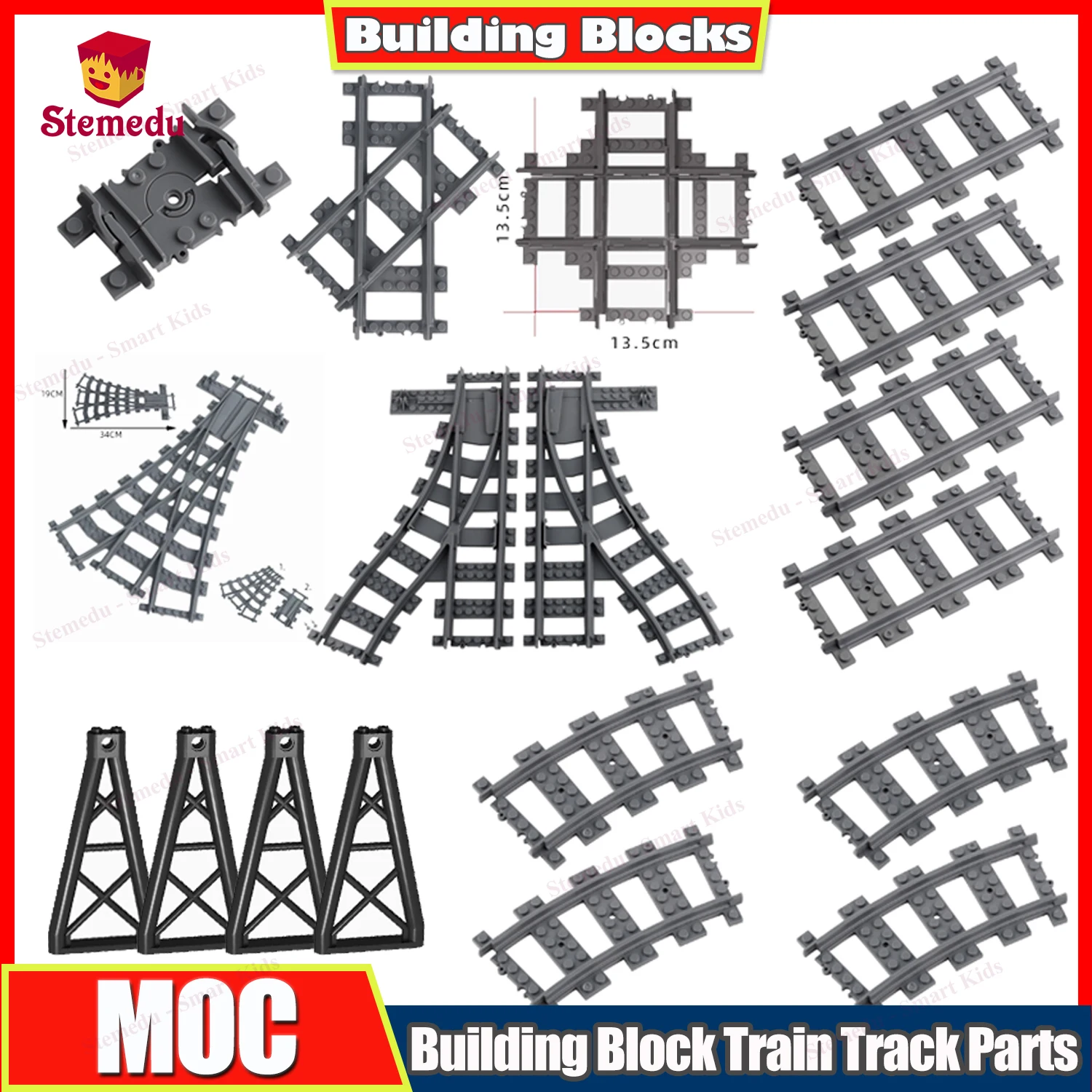 City Trains Left and Right Switch Points Flexible Segment Railway Crossing Tracks Rails Forked Straight Curved Building Block