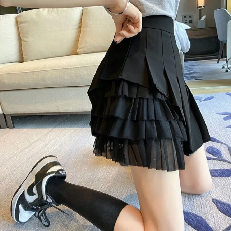 Korean version Designer Mesh Patched Pleated Skirts Women High Waist Slim Short Dresses Korean Style White Chiffon  Mini Skirts