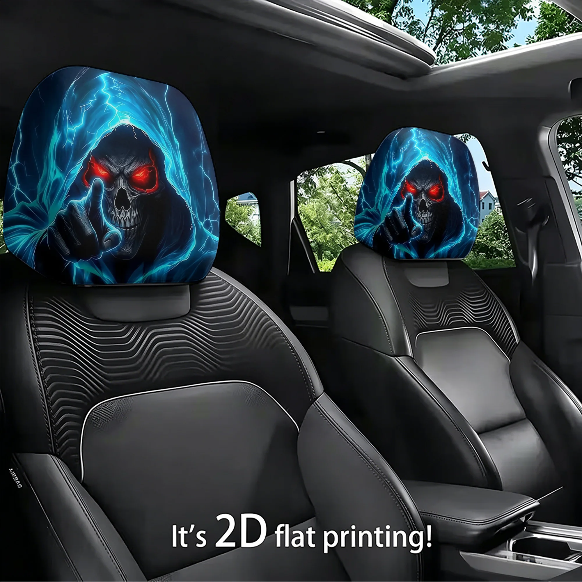 2pcs Lightning Skull-Patterned Car Headrest Covers, adding  style to your car’s interior. Does not include filling. Easy to inst