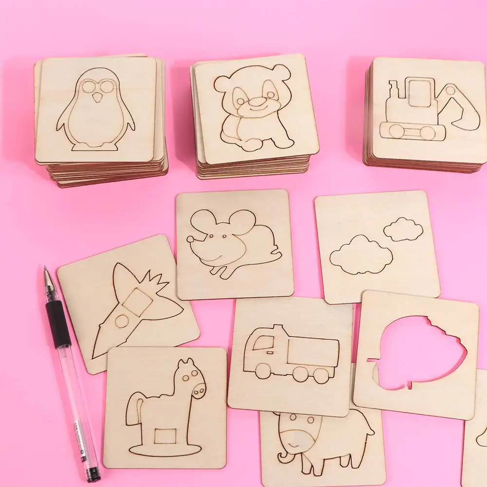 Hands-on Creativity Wooden Painting Stencils Puzzle Painting Graffiti Toys Kit Drawing Board Toys for 60Pcs/set