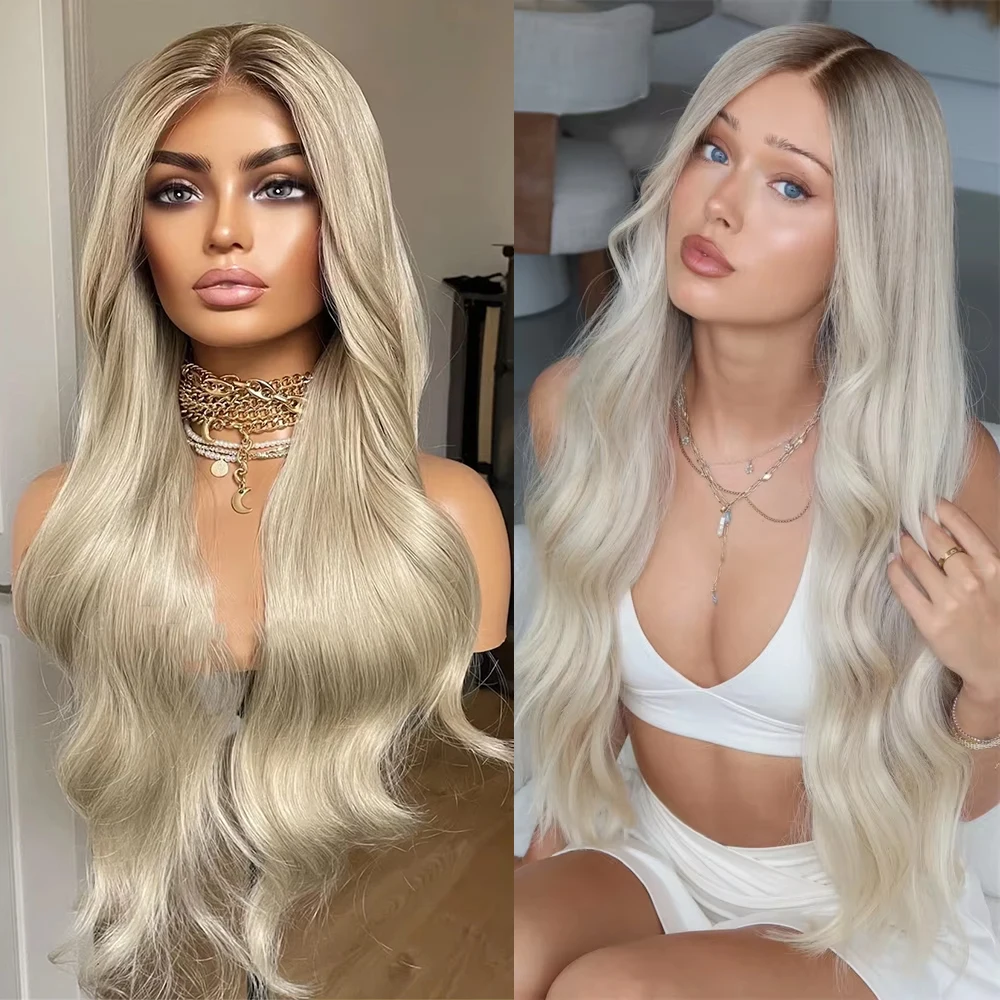 

Парик с кружевной передней частью платинового блонда с темными пепельными корнями, термостойкий синтетический парик, блонд-парик с объемными волнистыми прядями для женщин