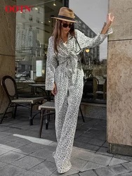 OOTN Fashion Cotton Leopard Pants Sets Women 2 Pieces Summer Long Sleeve Loose Shirts Elegant Elastic Waist Straight Pants Suits