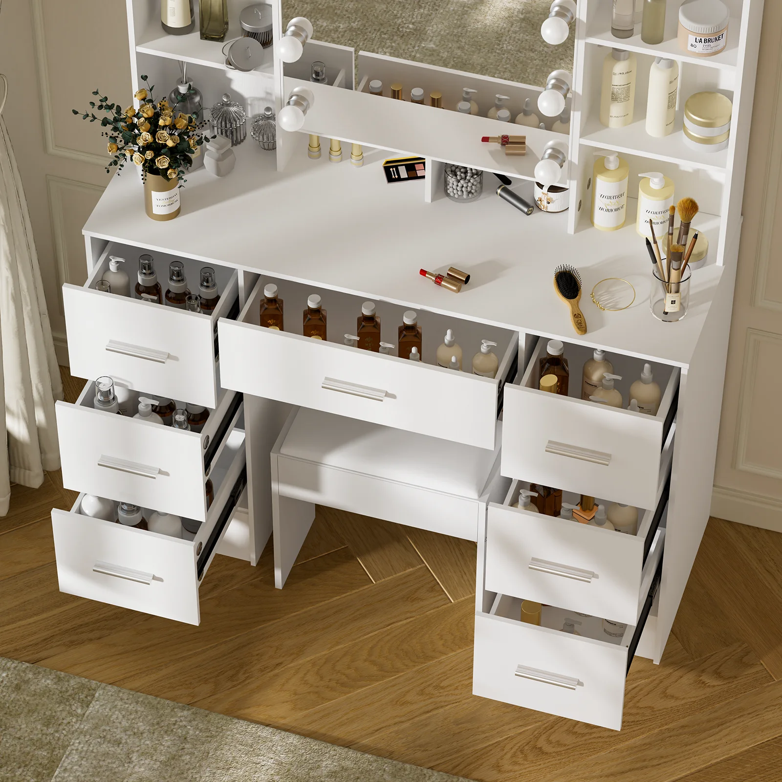 مجموعة كبيرة منضدة الزينة مع 3 ألوان قابلة للتعديل ومرآة مكياج LED لغرفة النوم للنساء مكونة من 7 أدراج باللون الأبيض #5