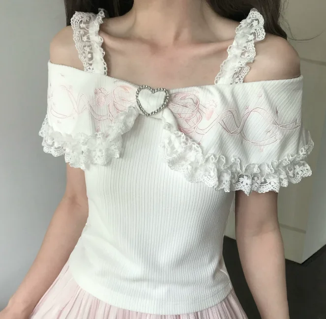 Summer New Japanese Sweet Slash Neck Lace Heart Shape Short Suspender Top Fashion Slim Cute Women White Embroidered T-shirt