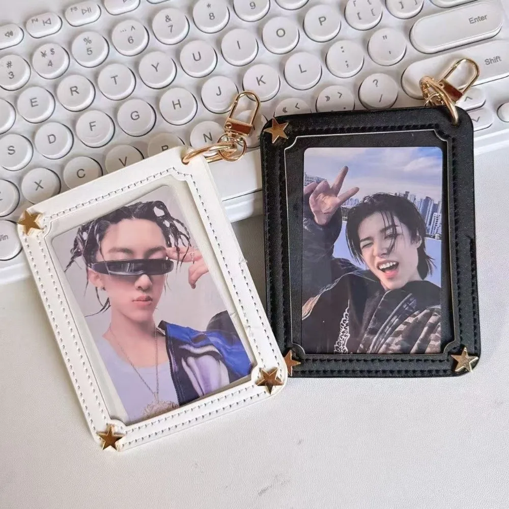 Durable PU Leather Photocard Holder 3 Inch Size Keychain Included ID Badge Holder Star Decor Card Sleeve For Kpop Fans