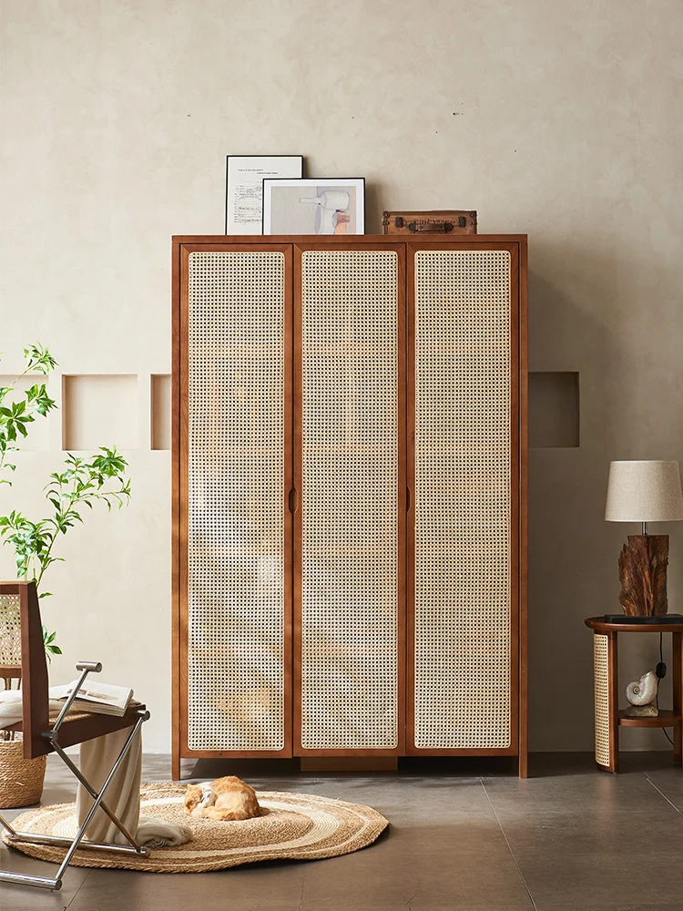 Solid wood rattan wardrobe small household three-door locker retro homestay hotel clothes cupboard