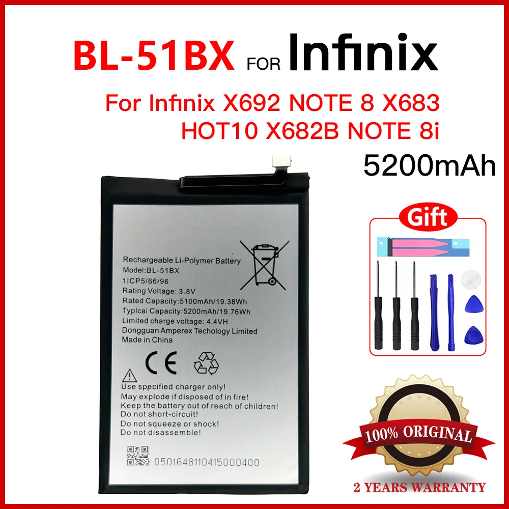 

Genuine For Infinix X692 NOTE 8 X683 HOT10 X682B NOTE 8i BL-51BX 5200mAh Batteries+Tools
