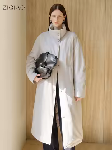 ZIQIAO Petite Women Long Stand Collar Korean 90% Down White Duck Feather Jacket 2025 Winter New Arrival Long Lenghth Down Coats