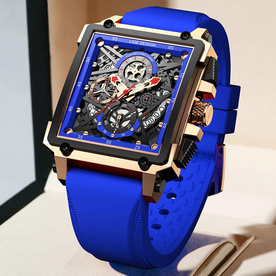 ساعات يد كوارتز رياضية للرجال من LIGE ، ساعة مقاومة للماء عسكرية للأعمال ، ساعة مجوفة مربعة الشكل أنيقة ، صندوق متضمن