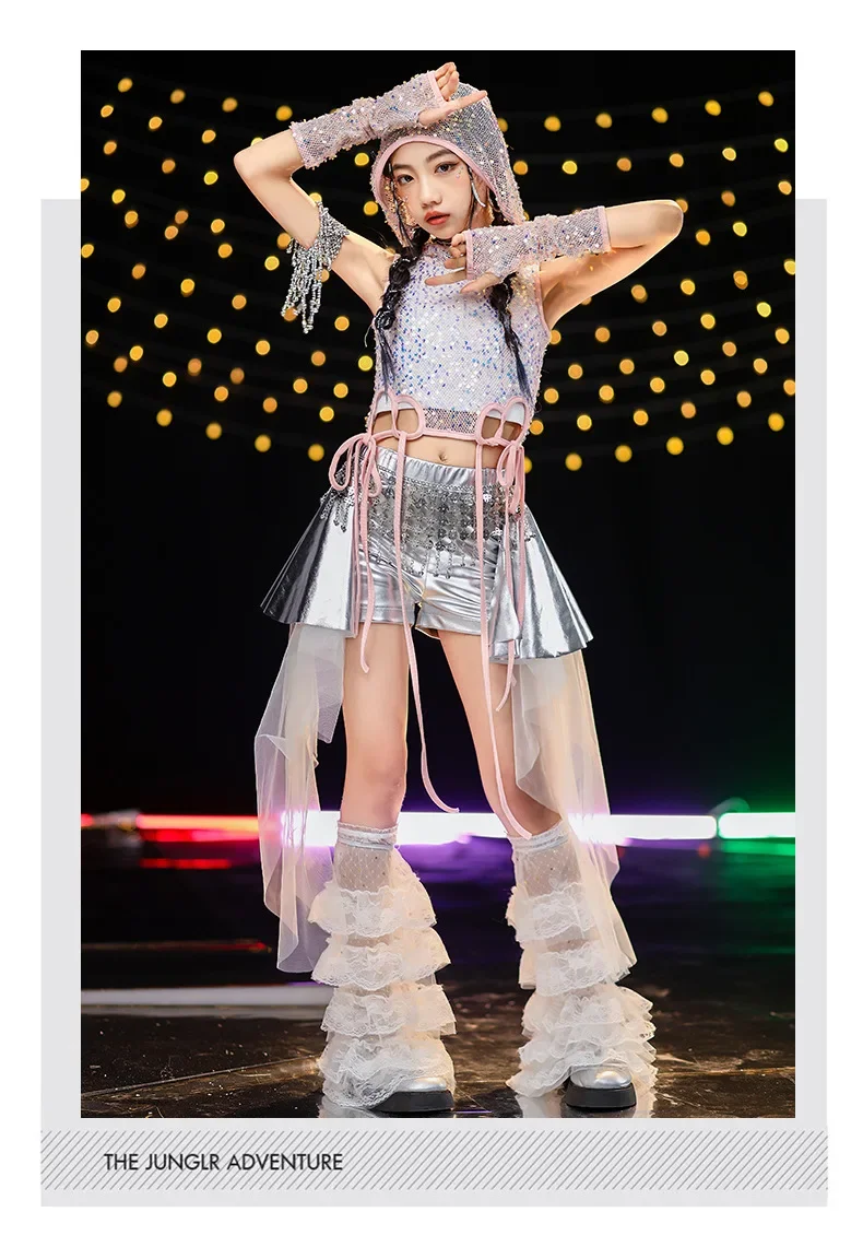 Neues Jazz-Tanzkostüm für Kinder, Mädchen-Streetdance-Paillettenweste, Lederhose, Rock, Bühnenkostüm für Auftritte – Detail 9