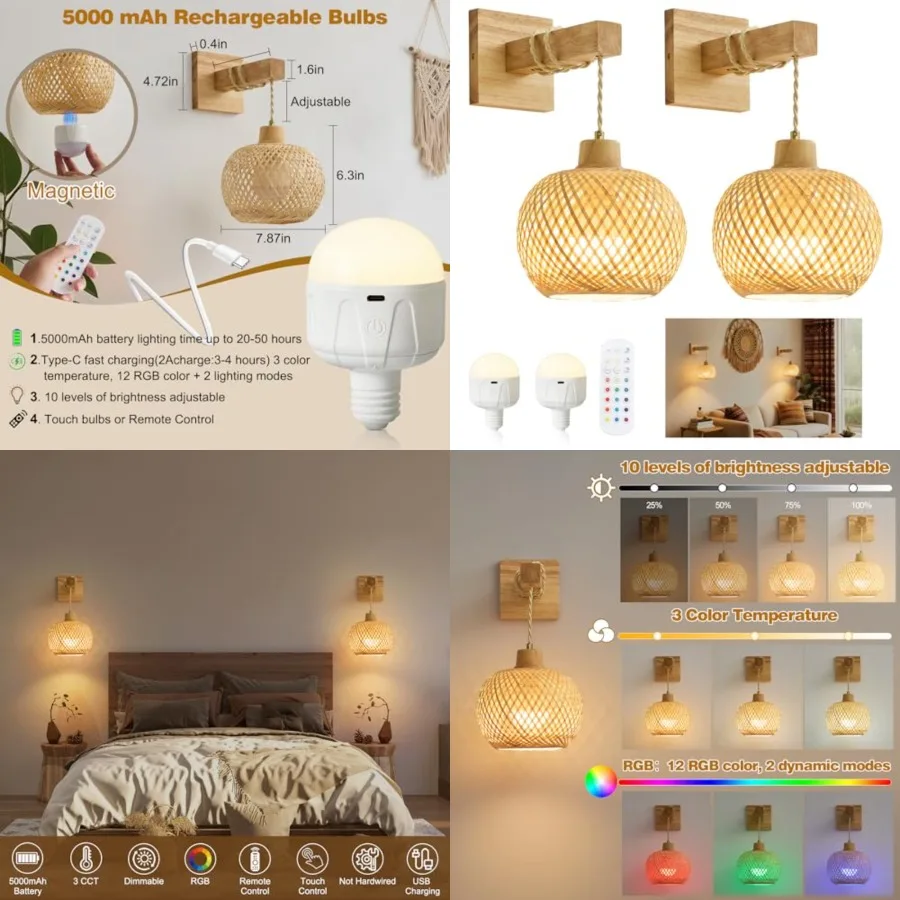 

Bamboo Battery Operated Wall Sconces Set of 2, Rechargeable Rattan Cordless Battery Powered Wall Lights/Lamps with Remote, Wove