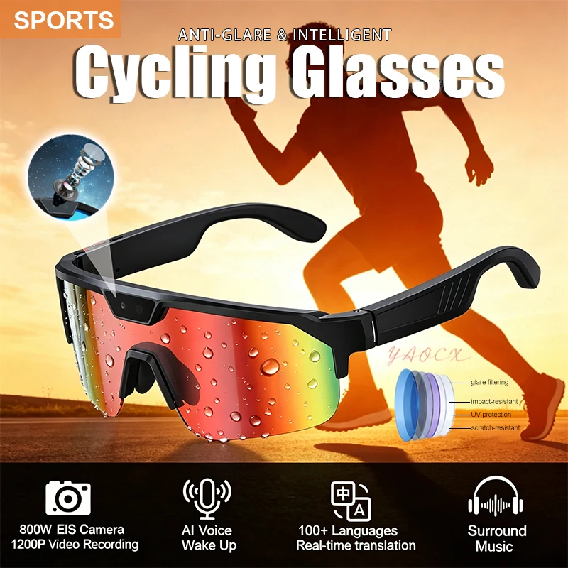 AI Cycling Glasses 800W EIS Camera 1200P Video Recording Translation AI Voice Wake-up Surround Music Sports Cycling Smartglasses