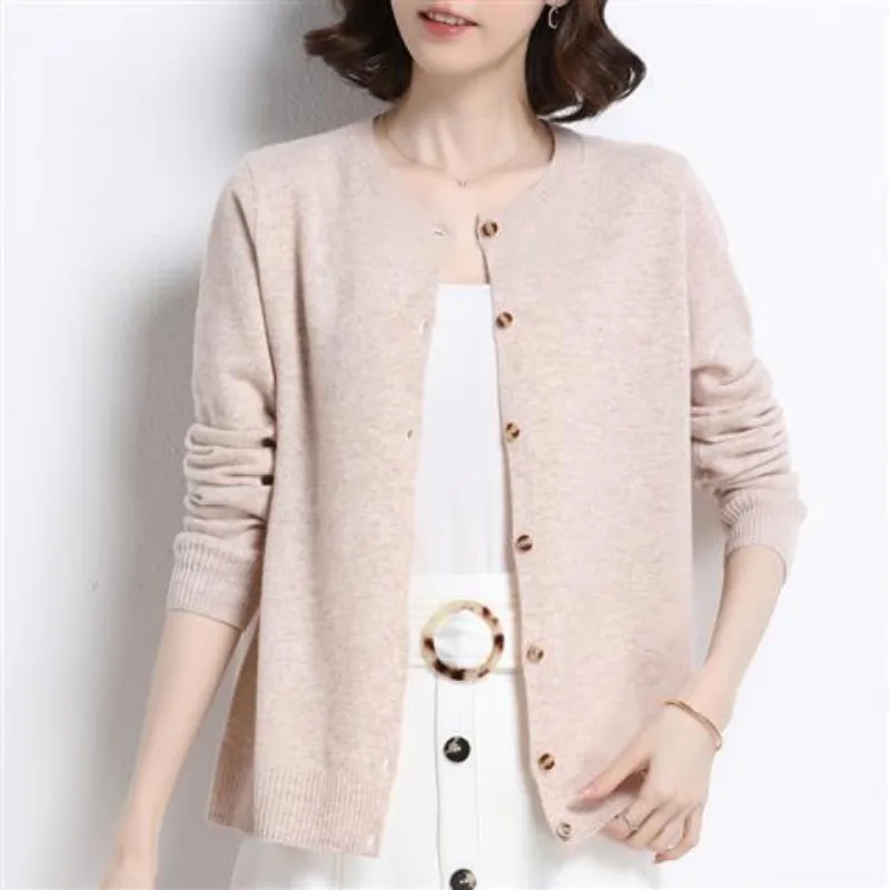 Women\'s Clothing Solid Color Button Long Sleeve Sweater Knitted Cardigan Autumn Winter Coats Casual Crew Neck Screw Thread Tops