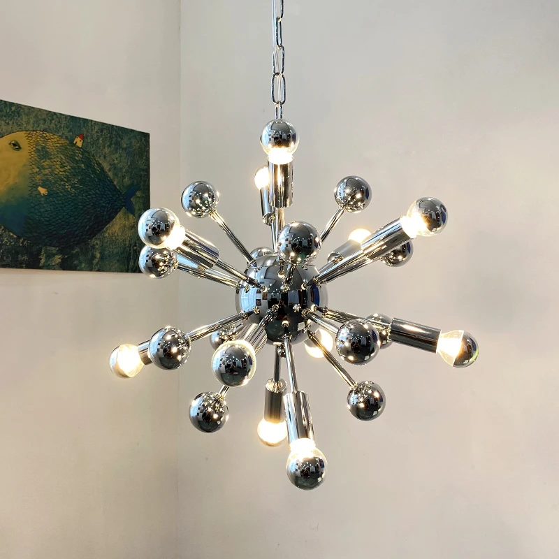 Nordic Designer Vintage Stainless Steel Chandelier Italian Metal Art Style Chrome Lustre Living Room Hotel LED Deco Pendant Lamp