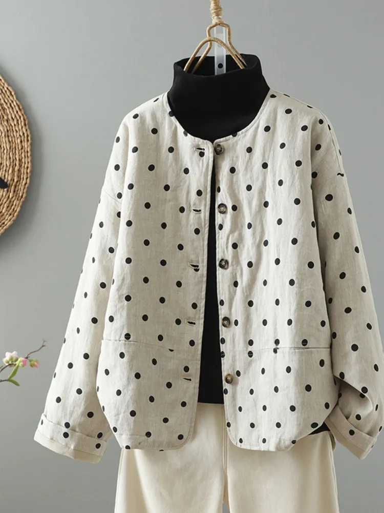 

Korean Style round Neck Polka Dot Linen Cotton Ladies Winter Lightweight Fashionable Short Coat Warm Cotton Vest for Women