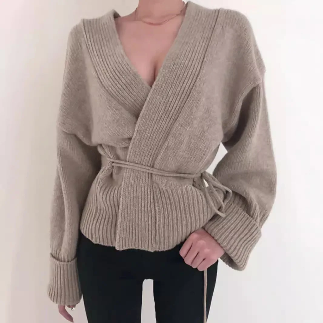 

Casual Khaki Sweater For Women Autumn Winter New Loose V-neck Long Sleeved Belt Knitted Coat Fashion Warm Lady Cardigan