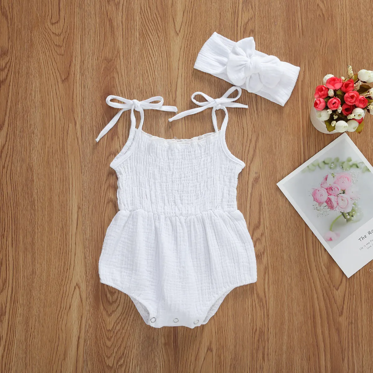 Newborn Baby Girls Cotton Linen Tie-up Bodysuits Romper Sleeveless Strap Jumpsuits+Headband 2Pcs Summer Solid Outfits Beachwear