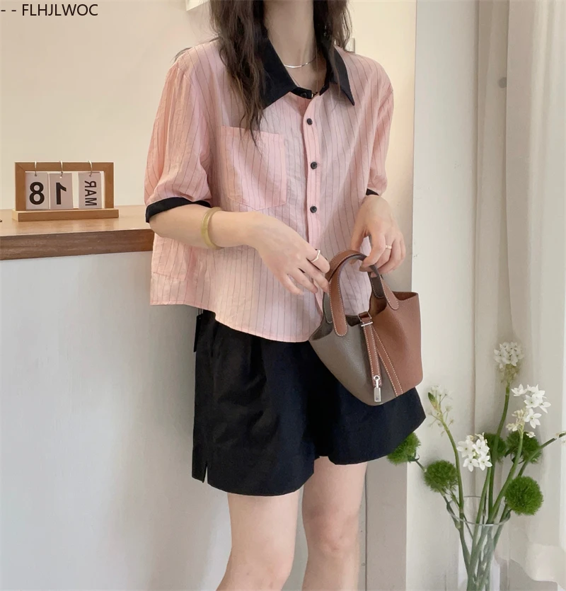 Милые розовые топы, блузки, милые японские повседневные свободные летние рубашки в полоску для девочек в консервативном стиле с короткими рукавами