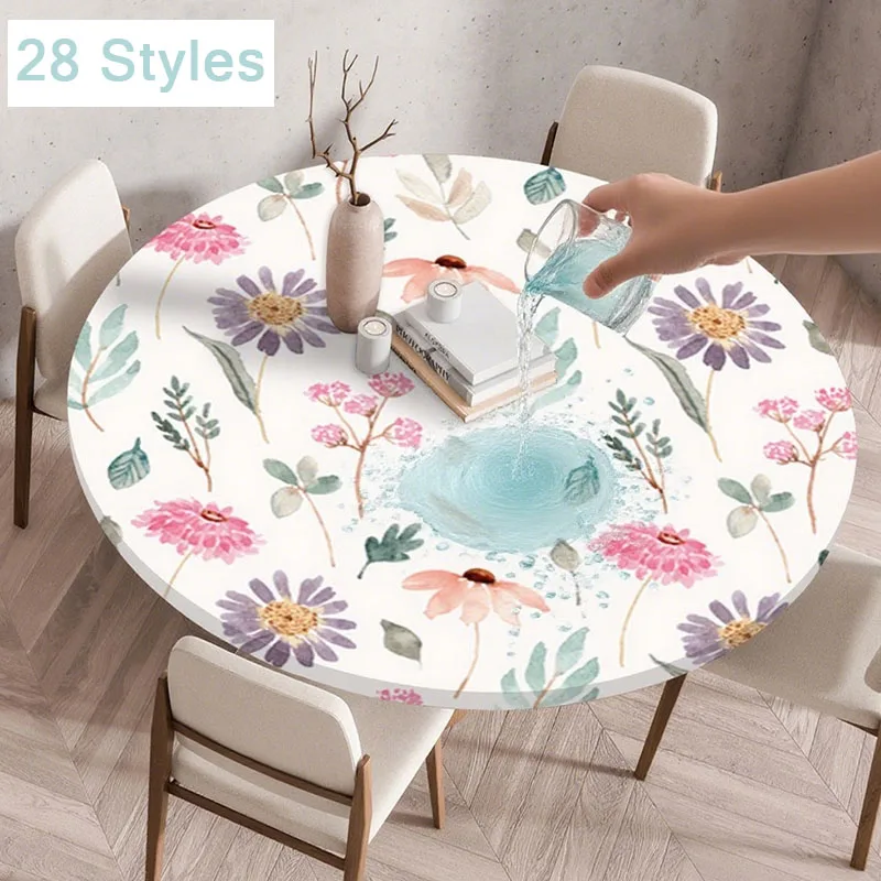 

Floral Print Round Tablecloth Fitted Elastic Edged Floral Waterproof Polyester Table Cover for Dinning Room Kitchen Picnic원형 식탁보