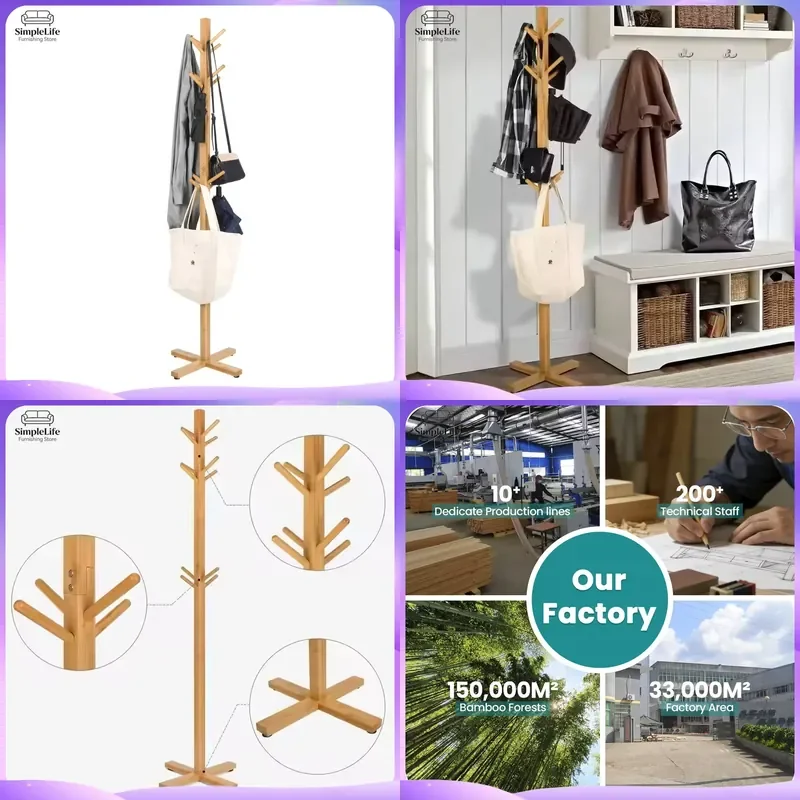 Custom Freestanding Bamboo Coat Rack 12 Hooks Wooden Clothes Hanger Stand Hallway Entryway Storage Organizer Furniture Home