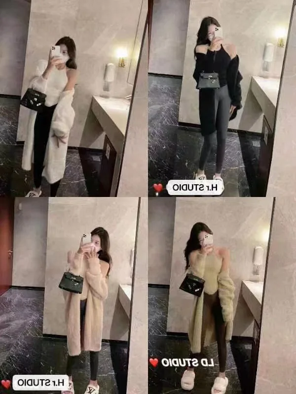 

Korean Internet Celebrity Autumn Faux Mink Fur Medium Long Knitted Cardigan Plush Jacket+Shoulder Digging Vest Two-Piece Set For