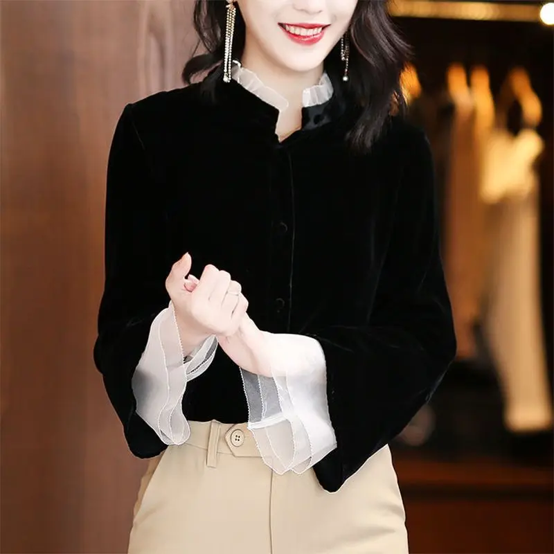 Western Style Small Shirt High-end Gold Velvet Shirt Women\'s New French Style Top Temperament Stand Up Collar Shirt