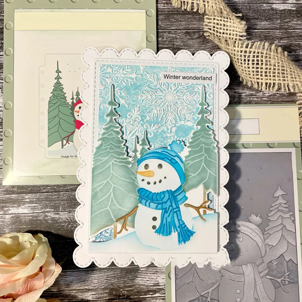 Cartella per goffratura 3D con olive pupazzo di neve, modelli di modelli di sfondo con fiocchi di neve di Natale, fiori di rosa per carte di scrapbooking fai da te