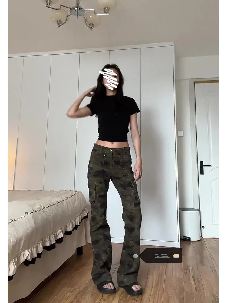 

Джинсы-клеш больших размеров в американском стиле с камуфляжным принтом, женские, летние, новые, для активного отдыха, утягивающие, узкого кроя, длинные брюки