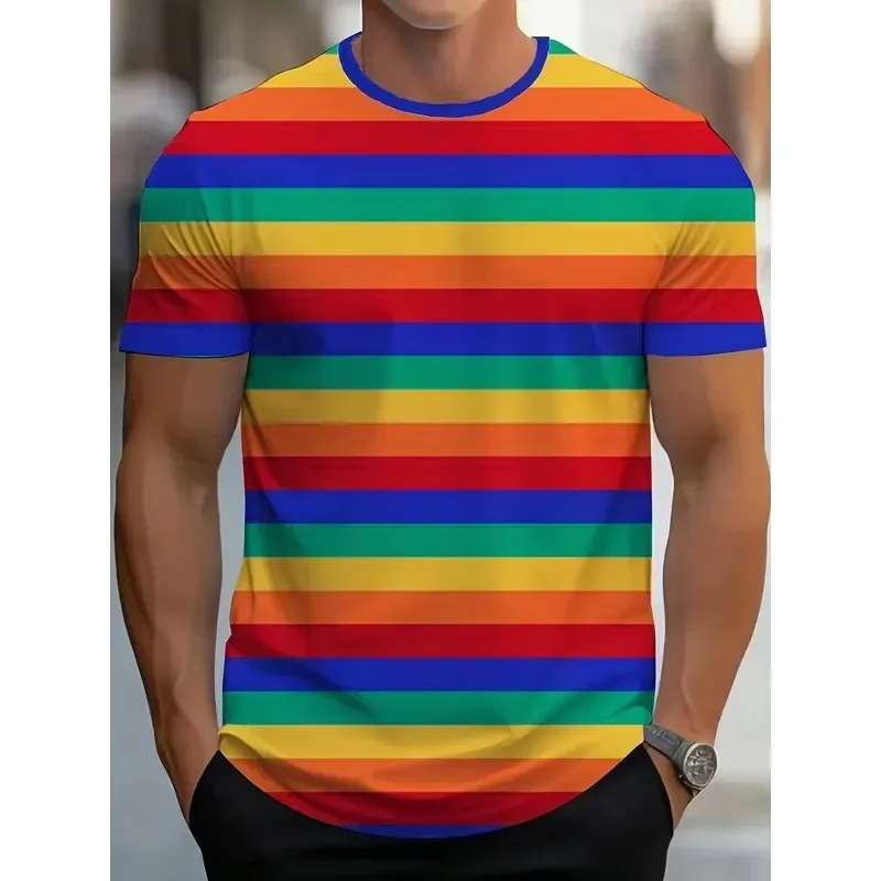 3D Digital Print Men Casual Rainbow Stripe Short Sleeve T Shirt Bright Multi Color Crew Neck Fun Pattern Tee Durable Daily
