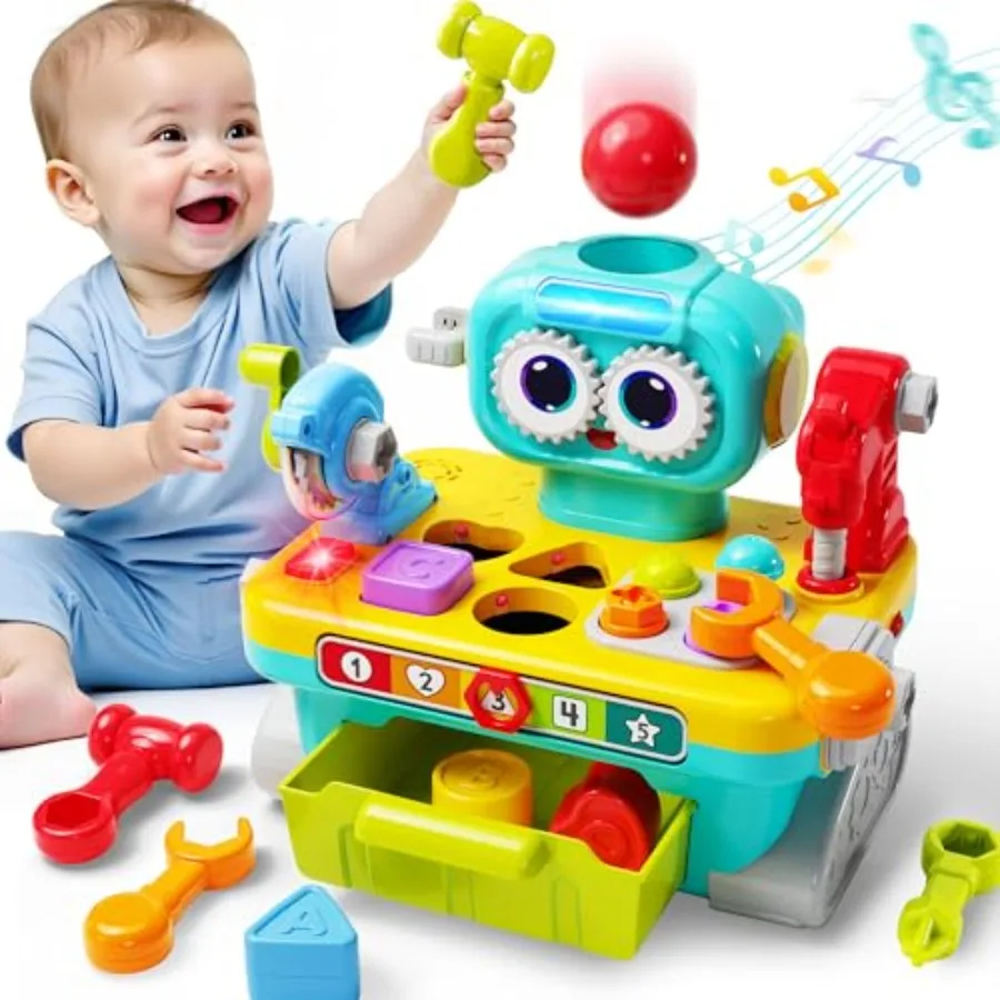 

Toddler Musical Workbench Toys for One Year Old Boys, Baby Pretend Play Tool Set, Infant Shape Sorter Activities, Pounding Game
