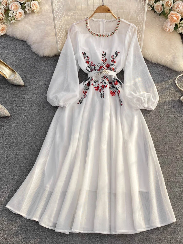 

FTLZZ Summer Elegant Women O-neck Puff Sleeve Long Dress Vintage Lady Embroidery Floral Print Dress Female A-line Dress