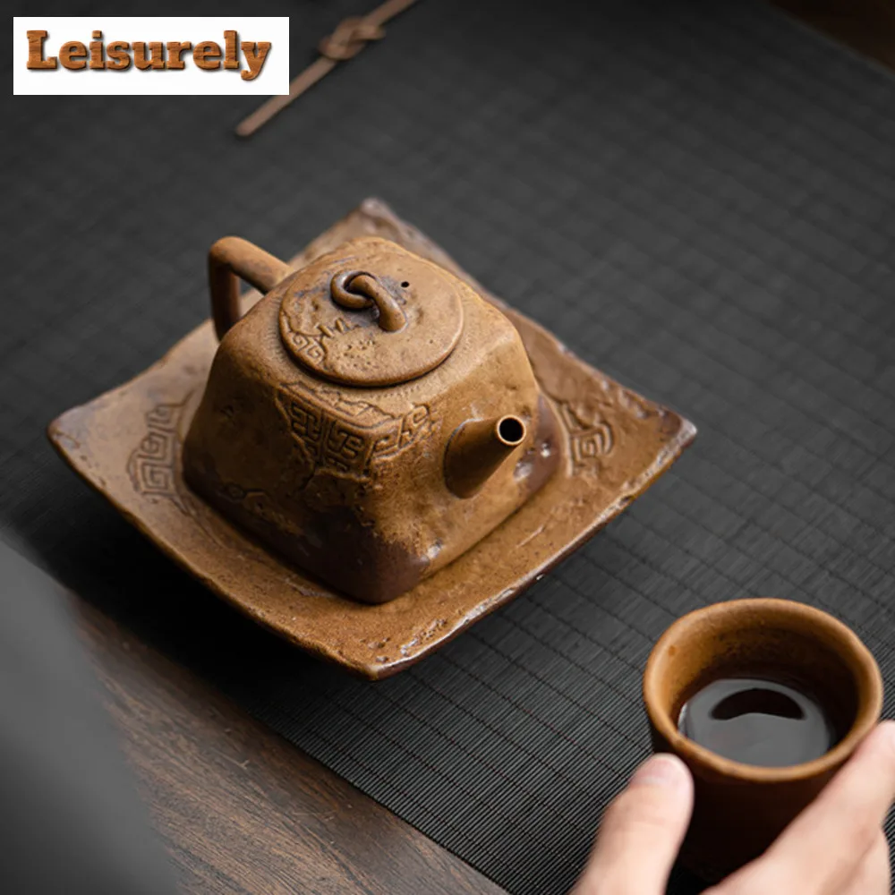 Retro Sauce Glazed Pottery Teapot Japanese Old Rock Clay Pot Tea Maker Kettle with Ball Hole Strainer Tea Ceremony Ornaments