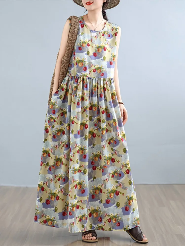 Oversized zomer mouwloze jurk dames bloemenprint mode bohemien stijl damesjurken losse ruche geplooide damesjurk