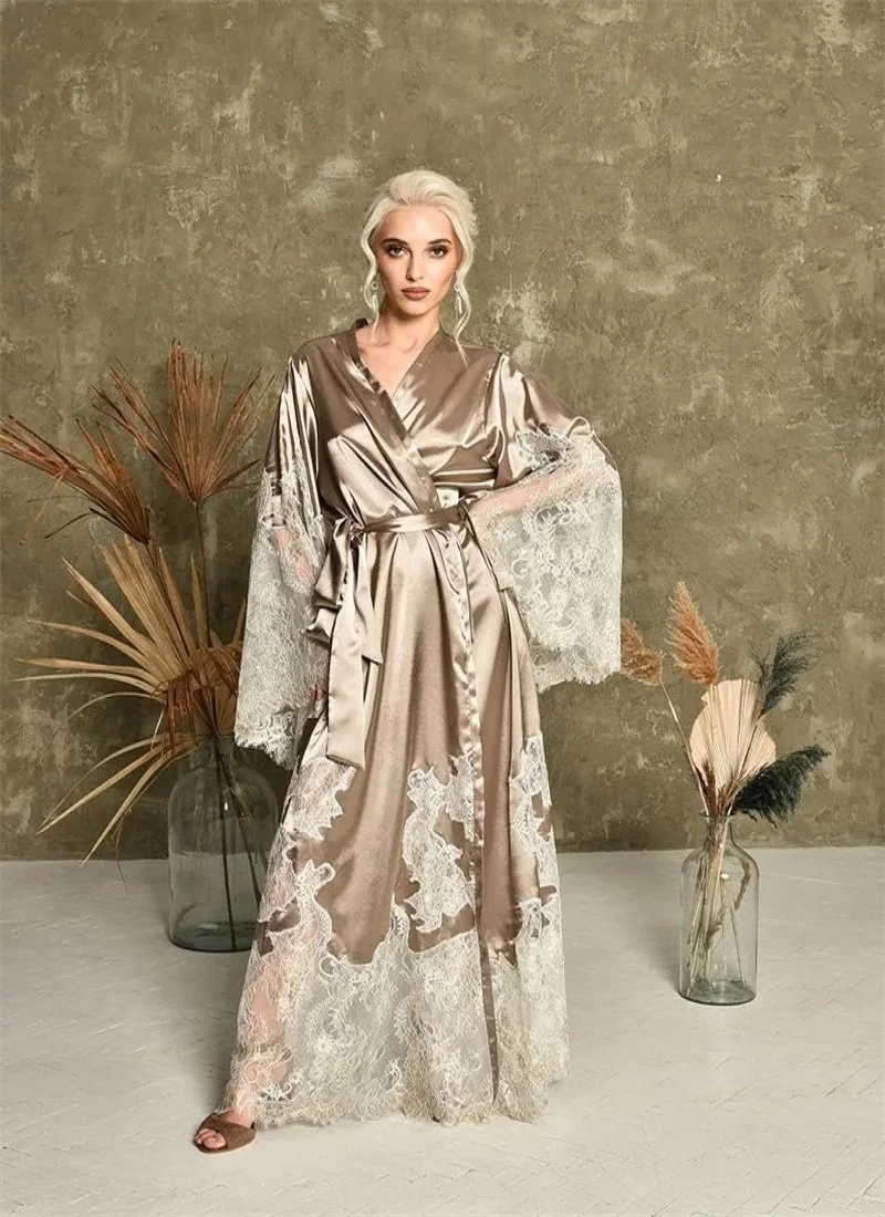 Aangepaste twee stukken bruid nachtkleding gewaden zijde satijn kant lange mouwen jurk jurken vrouwen bruids nachtkleding babydoll pyjama